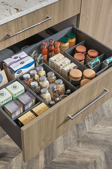 A combination of 2-deep drawer inserts, with an additional deep drawer insert with spice tray; segments drawers and corrals items in the location you like. Deep Kitchen Drawer Organization, Kitchen Drawer Inserts, Omega Cabinetry, Deep Drawer Organization, Spice Organization Drawer, Pantry Drawers, Spice Drawer, Kitchen Cabinet Drawers, Small Kitchen Storage