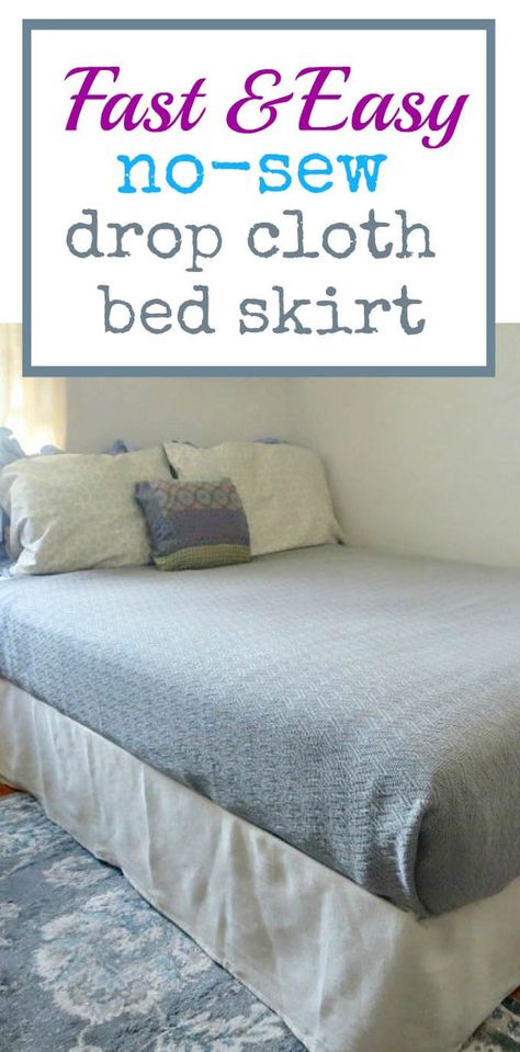 Diy Bed Skirt No Sew Easy, Drop Cloth Bed Skirt, Diy Bed Skirt No Sew, Diy Dust Ruffle Bed Skirts, Fixxer Upper, Painters Cloth, Diy Bed Skirt, Twin Beds Guest Room, Under The Bed Storage