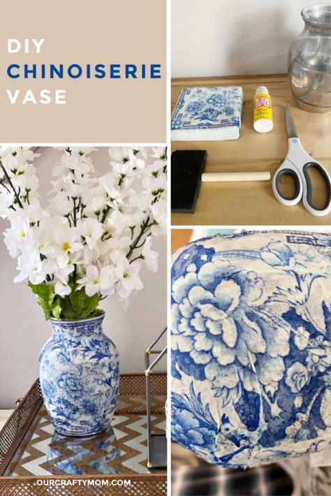 Transfers On Vases, Modge Podge Vases Tissue Paper, Decoupage Vases Diy, Diy Blue And White Vase, Decoupage On Glass Vase, Napkin Decoupage Vases, Napkin Crafts Decoupage, Decoupage Glass Vase, Decoupage Vases Ideas