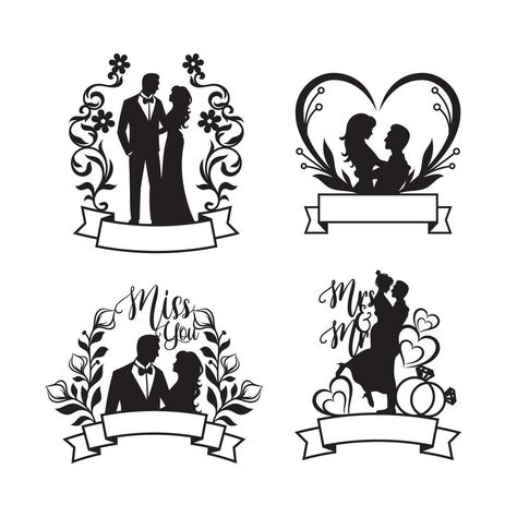 Set of bride and groom silhouette illustration, happy couple Wedding Silhouette Couple, Bride And Groom Silhouette, Idee Cricut, Silhouette Cards, Couple Silhouette, Wedding Silhouette, Silhouette Illustration, Wedding Art, Wedding Stickers