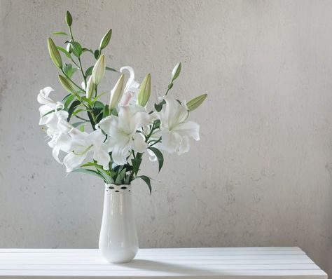 The trumpet-shaped blooms of lilies (Lilium spp.) make a big impression in a bouquet, with their large size, colors ranging from deep to delicate and long vase life. Depending on variety, each cut lily stem can have up to eight buds that open from the bottom of the stem up, which can keep the flowers attractive and ... Lilys In A Vase, Lily Arrangement Vase, Flowers Last Longer, Long Vases, Lily Vases, Long Vase, Irving Penn, Lily Bouquet, Arrangement Ideas