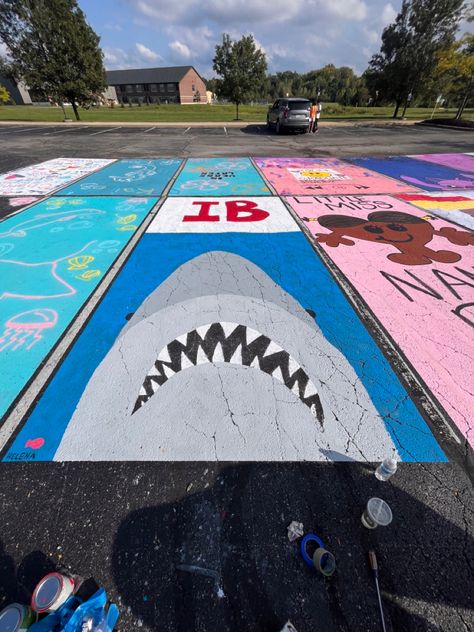 Shark Parking Spot Painting, Shark Senior Parking Spot, Senior Parking Spaces Funny, Senior Year Checklist, Funny Senior Parking Space Ideas, Senior Parking Spot Painting, Senior Spots, Year Checklist, Senior Parking Space Ideas