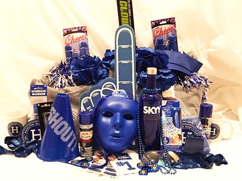 School spirit basket. School swag and school color items. Window Markers, School Swag, Raffle Basket, Housewarming Gift Baskets, Raffle Baskets, School Colors, School Spirit, Housewarming Gift, Gift Baskets