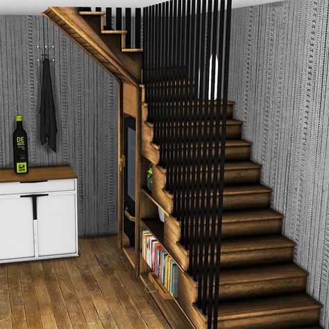 Sims 4 Stairs Cc, Sims 4 Stairs, Stairs With Landing, Modern Industrial House, U Shaped Stairs, Living Room Sims 4, Custom Stairs, Cc The Sims 4, Under Stairs Storage