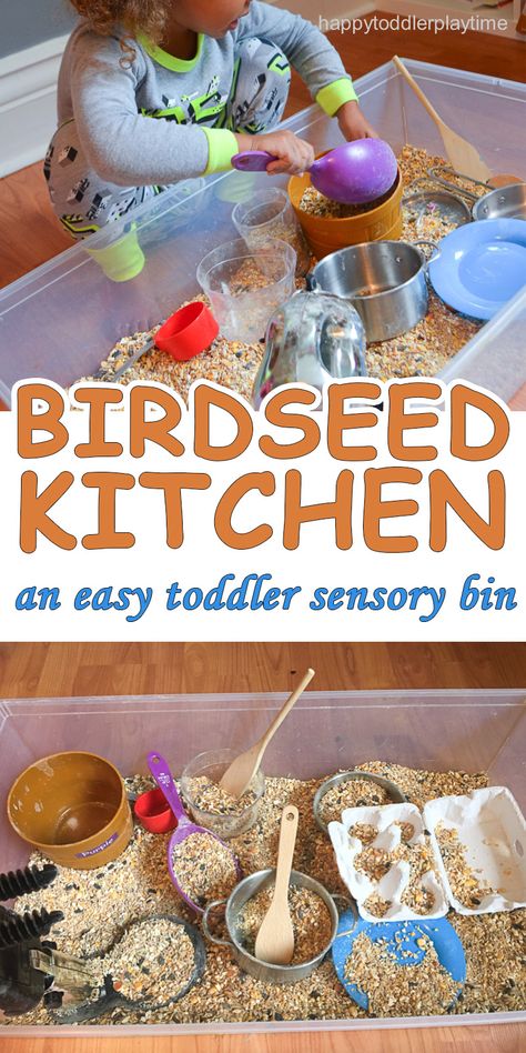 Birdseed Kitchen Sensory Bin - HAPPY TODDLER PLAYTIME Quiet Toddler Activities, Toddler Sensory Bins, Sensory Tubs, Easy Toddler Activities, Fun Activities For Toddlers, Toddler Sensory, Sensory Boxes, Fun Kitchen, Toddler Activity