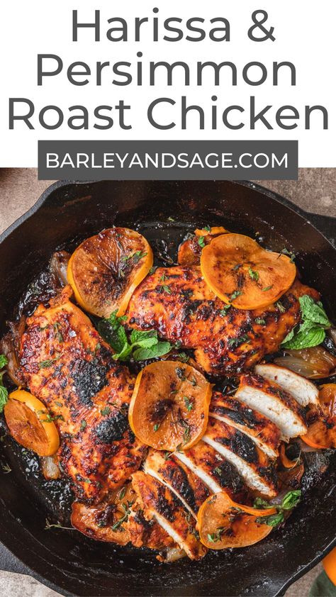 This spicy harissa and persimmon chicken is a little sweet, a little spicy, and packed with flavor! The chicken is marinated in harissa and Greek yogurt for the most tender and flavorful chicken that pairs beautifully with the charred persimmons. It's the perfect one-skillet winter meal! Persimmon Recipes, Harissa Chicken, One Skillet Meals, Roast Chicken Recipes, Cooking Wine, Roast Chicken, Chicken Flavors, Dinner Dishes, Easy Weeknight Meals