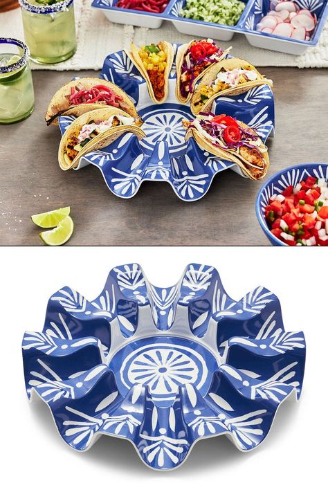 This bold blue taco platter is designed to hold 10 tacos around the edge with a section in the center to hold toppings, salsa, guacamole, and more. 🌮😋 Pottery Taco Holder, Taco Plate, Taco Platter Ideas, Taco Platter, Taco Holders, Taco Night, Australia Day, Mardi Gras, Hanukkah