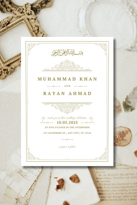 A white and Gold digital islamic wedding invitation. it is regal and vintage looking, it is elegant and sophisticated. it is a digital invitation completely customizable. Nikkah Invitation Cards, Wedding Card Background, Islamic Engagement, Muslim Wedding Card, Simple Wedding Invitation Card, Nikkah Invitation, Wedding Nikkah, Simple Wedding Cards, Wedding Card Design Indian