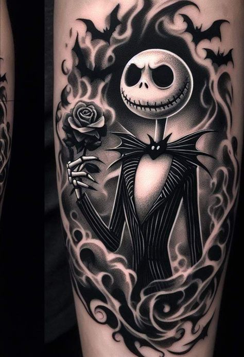 Jack Skellington And Sally Tattoo, Sally Tattoo Tim Burton, Night Before Christmas Tattoo, Jack Skellington Tattoo Ideas, Jack Skeleton Tattoo, Tim Burton Tattoo Sleeve Ideas, Dark Disney Tattoos, The Nightmare Before Christmas Tattoo, Oogie Boogie Tattoo