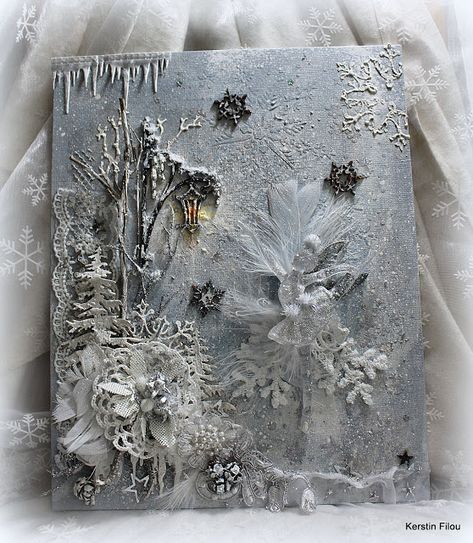 Mixed Media Canvas Christmas, Winter Mixed Media Art, Christmas Mixed Media Art, Mixed Media Christmas, Mixed Media Diy, Christmas Mix, Diy Winter, Creative Friends, Mixed Media Art Canvas