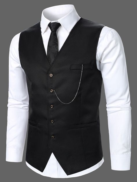 Black Work  Sleeveless Polyester Plain Vest Embellished Non-Stretch Spring/Fall Men Suits & Separates Formal Vest Outfits Men, Vest Designs Men, Black Suit With Waistcoat, Formal Vest For Men, Vest Outfits Men Formal, Blazer Without Shirt, Vest Outfits For Men, Black Vest Outfit Men, Black And White Outfits Men