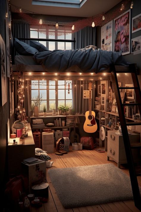 Bedroom with an alluring cosy ambiance. Studio Loft Bedroom Ideas, Loft Bed And Desk Ideas, Garage Bedroom Makeover, Korean Loft Bedroom Aesthetic, Cozy Loft Bed Ideas, Loft Bedroom Inspirations, Grunge Loft Bed, Rooms With Loft Beds, Cool Teenager Bedroom