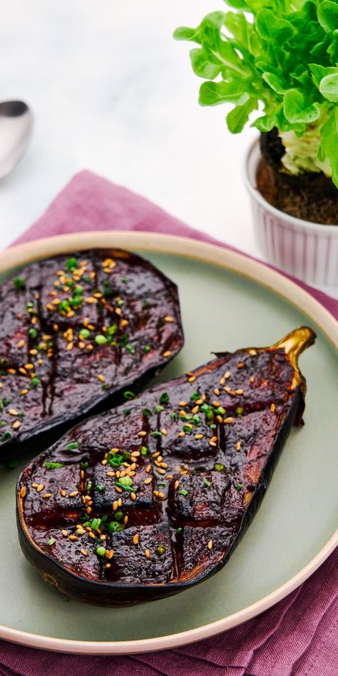 Tender creamy roasted eggplant glazed in a caramelized blanket of sweet and savory miso. Creamy Eggplant, Nasu Dengaku, Glazed Eggplant, Japanese Appetizers, Miso Sauce, Miso Glaze, Eggplant Recipe, Miso Paste, Asian Vegetables