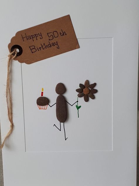 Pebble Art Birthday Cards, Pebble Art 50th Birthday, Pebble Art Birthday, Pebble Cards, Birthday Pebble Art, Sea Glass Art Diy, Stone Pictures Pebble Art, Birthday Stone, Scrabble Art