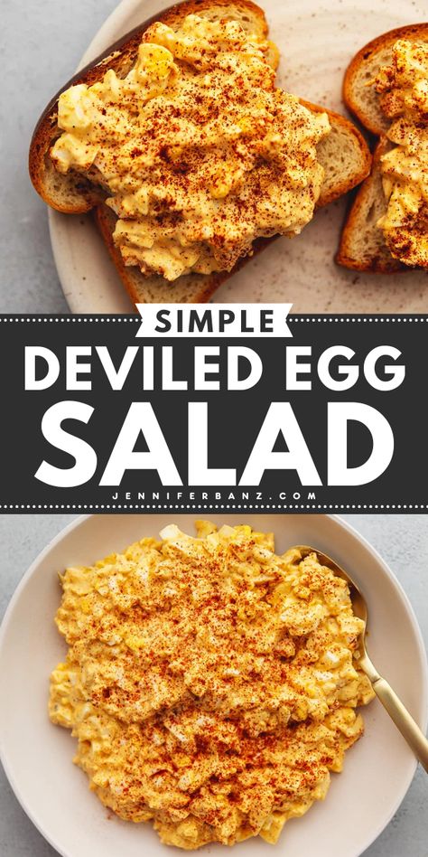 This easy classic deviled egg salad recipe is filled with all the flavors you expect from deviled eggs. Learn how to make this best egg salad and you'll have another gem to your spring salad recipes! Serve with lettuce wraps or on some toast! Yum! Deviled Egg Toast, Pureed Egg Salad, Healthy Ish Recipes, Buffalo Egg Salad, Deviled Egg Salad Sandwich, Egg Salad Recipe With Pickles, Egg Salad Variations, Fried Egg Salad, Egg Salad Sandwich Recipe Easy