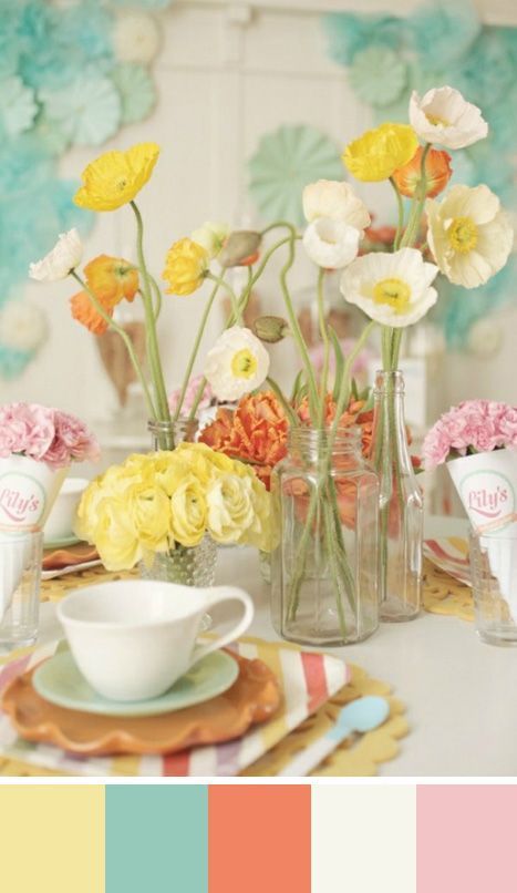 A beautiful color palette for a spring wedding. Source: ruffled #springwedding #bouquet #colorpalette Coral Paint, Paint Pallets, Color Palette Yellow, Design Seeds, Table Vintage, Colour Board, Bridal Shower Theme, Mellow Yellow, Colour Schemes