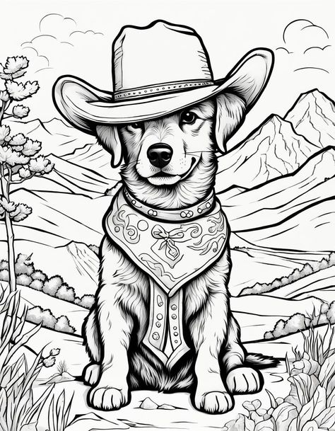 Easy Animal Coloring Pages, Dog Coloring Sheet, Rodeo Coloring Pages, Western Coloring Pages Free Printables, Dog Wearing Cowboy Hat, Cowgirl Coloring Pages, Country Coloring Pages, Western Coloring Pages, Cowboy Coloring Pages