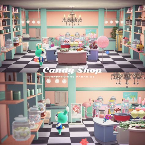 Acnh Sweets Shop, Acnh Candy Shop, Mermaid Hotel, Happy Home Designer, Animal Crossing Characters, New Animal Crossing, Animal Games, Animal Crossing Game, Candy Shop