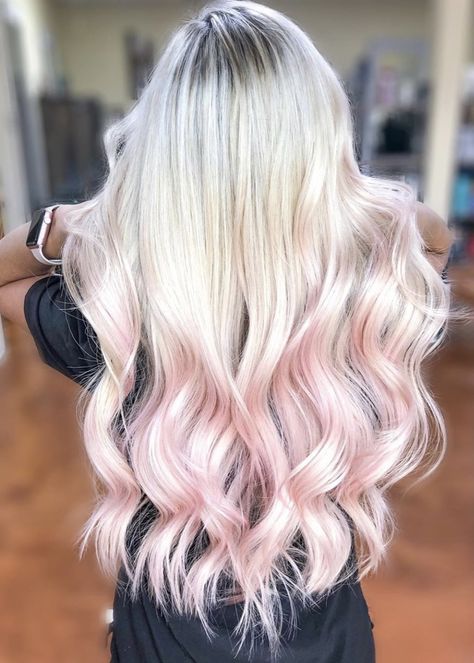 White Blonde Hair With Pink, Blond Pink Balayage, Platinum Blonde Hair With Light Pink Highlights, White Hair Pink Tips, Platinum Blonde Hair With Pink Highlight, Platinum Blonde Hair With Pink, Pink Ends Hair Blonde, Blonde Hair With Pink Ends, Blonde Hair Pink Underneath