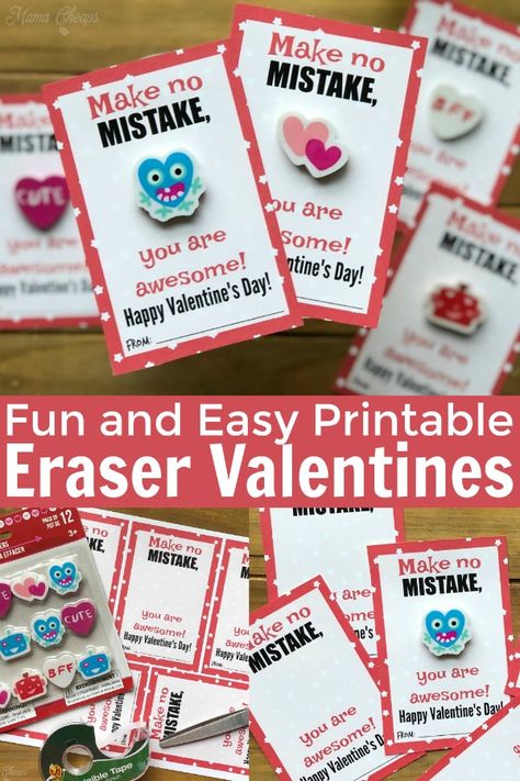 Check out these adorable DIY Eraser Valentines!!  Need a non-food, non-candy Valentine option for your kid's class? Pick up some cute erasers (the dollar store almost always has them!) and attach them to our free printable Valentine's cards! Instant and easy Valentine - for just a few bucks to make enough for the entire classroom. #diy #valentine #printable #mamacheaps Eraser Valentine, Diy Eraser, Cute Erasers, Student Valentines, Free Printable Valentines Cards, Classroom Diy, Printable Valentines Day Cards, Valentine Gifts For Kids, Printable Valentines Cards