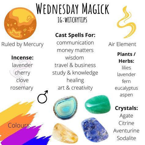 Wednesday Magick Rituals, Witchy Monday, Witch Weekly Schedule, Wednesday Magickal Correspondences, Wednesday Witchcraft, Wednesday Correspondences, Wednesday Magick, Wednesday Witch, Witchcraft Spells For Beginners