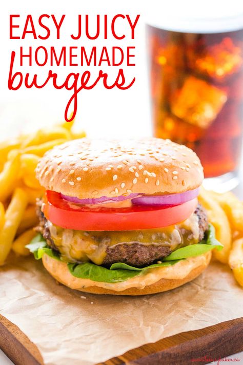 These Easy Juicy Homemade Burgers are tender, meaty, juicy, & SO easy to make with just a few basic ingredients! Plus pro tips for perfect homemade burgers! Recipe from thebusybaker.ca! #burgers #perfectburgers #protips #homemade #grilling #hamburgers #summer Homemade Burgers Recipe, Grilling Hamburgers, Homemade Burger Patties, Easy Homemade Burgers, Best Homemade Burgers, Burger Patty Recipe, Homemade Burger Recipe, Homemade Cheeseburgers, Grilled Turkey Burgers