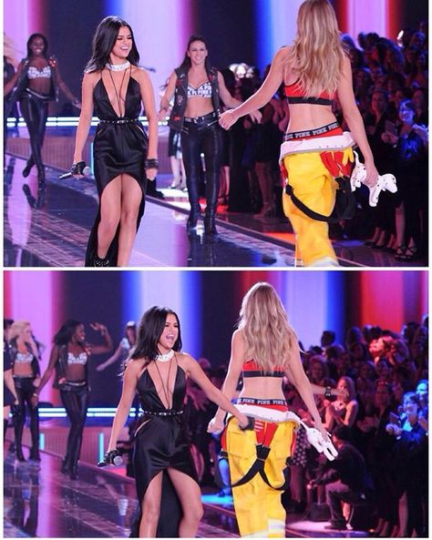 Selena Gomez performing while Gigi Hadid walks for segment "PINK USA" at VS Victoria's Secret Fashion Show vsfs 2015 - december/ in NYC Vs Pink Outfit, Popular Girls, Selena And Taylor, Selena Gomez Cute, Paris Girl, Selena G, Vs Fashion Shows, Crochet Swimwear, Vs Angels