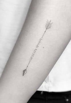 Meaning Behind Arrow Tattoo, Small Feminine Arrow Tattoos, Arrow On Spine Tattoo, Arrow Words Tattoo, Arrow Tattoo Inner Bicep, Arrow With Dates Tattoo, Arrow Date Tattoo, Faith Over Fear Arrow Tattoo, Arrow Tattoo With Date