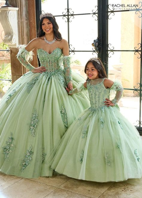 Quinceanera Dresses Tiana, Quinceanera Light Green Dresses, Sweet 16 Dress Green, Prom Season Dress With Lace Sleeves And Fitted Bodice, Lace Sleeve Fitted Bodice Dress For Prom, Fitted Bodice Dress With Lace Sleeves For Prom Season, Lace Sleeves Fitted Bodice Dress For Prom Season, Green Lace Ball Gown With Fitted Bodice, Green Lace Gown For Quinceanera