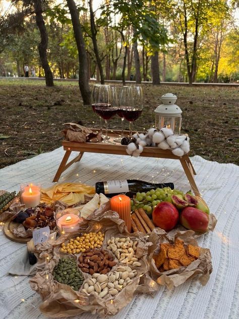 Simple Picnic Setup Ideas, Piknik Ideas Romantic, Romantic Picnic Set Up, Fall Themed Picnic, Woodsy Picnic, Sage Picnic, Thanksgiving Picnic, Simple Proposal, Picnic Date Food