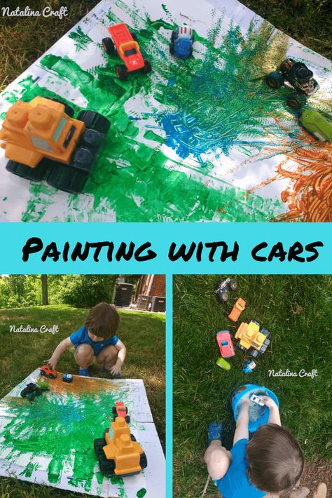 Painting with cars and trucks - Car wash station sensory activity Painting With Cars, Car Wash Station, Toddler Activity Bags, Car Activity, Wash Station, Car Activities, Toddler Painting, Transportation Crafts, Truck Theme