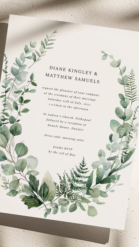 A stylish wedding invitation featuring a greenery wreath with eucalyptus and fern leaves. The design is ideal for a rustic or botanical wedding theme, with a focus on elegance and simplicity. Personalised invites are available at UtterlyPrintable.com for couples planning a greenery-inspired wedding. Fern Wedding Invitations, Unique Rustic Wedding Invitations, Rustic Botanical Wedding, Elegant Greenery Wedding, Wedding Invite Design, Cream Wedding Invitations, Wedding Invitation Rustic, Fern Wedding, Square Wedding Invitations