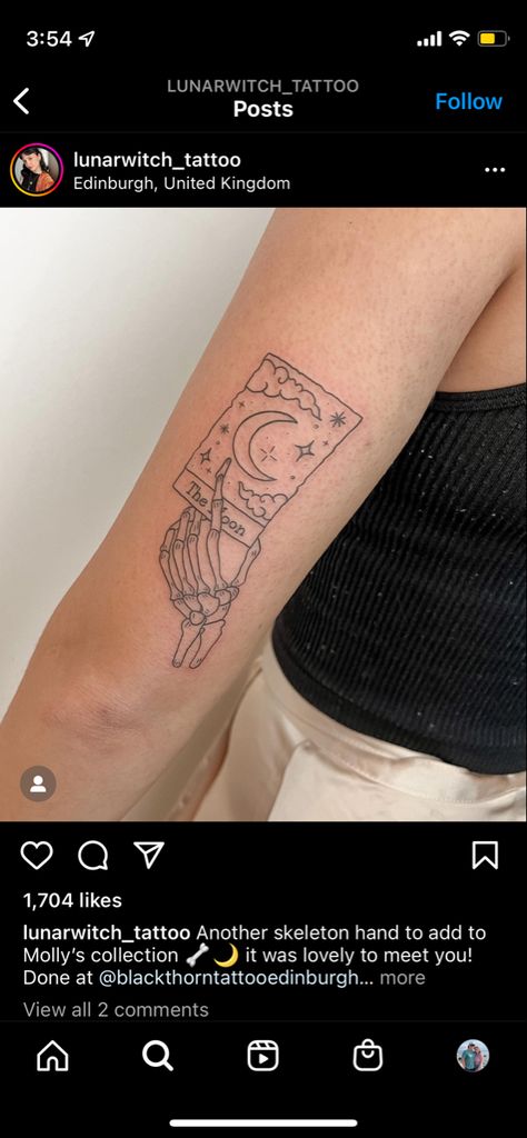 Skeleton On Moon Tattoo, Moon Tarot Card Tattoo Simple, Fine Line Tarot Tattoo, Scorpio Tarot Card Tattoo, Tarot Card Tattoo Placement, Sun And Moon Tarot Card Tattoo, Tarot Card Tattoo Minimalist, The Moon Tarot Card Tattoo, Moon Tarot Tattoo