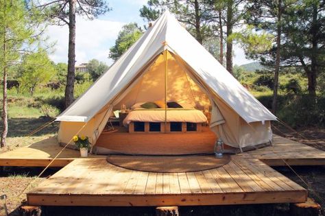 Magical glamping in the heart of rural Spain. Luxurious bell tents gazing over lush Catalan fells Canvas Tent Camping, Bell Tent Glamping, Tent Platform, Yurt Tent, Canvas Bell Tent, Camping Snacks, Camping Nature, Go Glamping, Hunting Camp