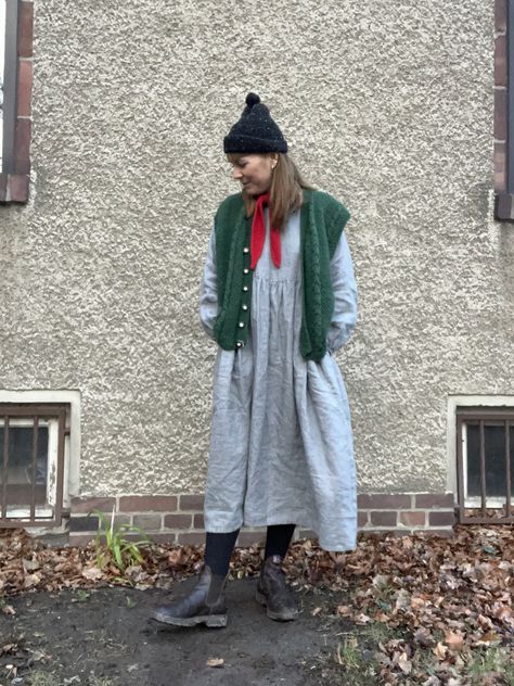 Layered Outfit Spring, Fall Outfits 2023 Colorful, Layered Linen Outfits, Layers Outfits Spring, Linen Dress Winter Outfit, How To Style Green Jacket, Vest Over Dress Outfit, Gnomecore Outfit, Vest And Dress Outfit