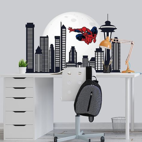 Superhero City, Kids Decals, Toddler Playroom, City Skyline Art, Wall Vinyl, Sticker Mural, Skyline Art, Boys Bedroom, Boy's Bedroom