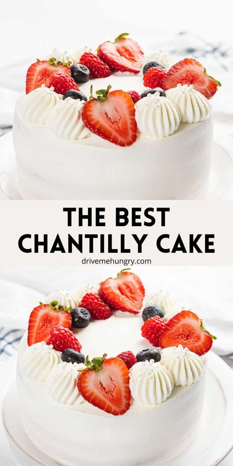 This fluffy Chantilly cake is made with fresh berries and layers of soft vanilla sponge cake. To finish, it's frosted with a light and airy mascarpone whipped cream and decorated with strawberries, raspberries, and blueberries! Mascarpone Strawberry Cake, Chantilly Cake Recipe Box Cake, Small Chantilly Cake, Copycat Publix Chantilly Cake Recipe, Chantilly Cake Frosting, Vanilla Chantilly Cake, Homemade Chantilly Cake, Easy Chantilly Cake Recipe, Chantilly Birthday Cake