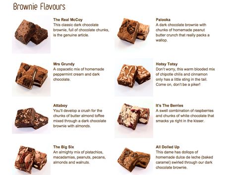 Brownie Flavours Brownie Menu Design, Brownies Business Ideas, Fudgy Brownies Packaging, Brownie Flavour Ideas, Brownies Topping Ideas, Brownie Flavours, Brownie Decorado, Brownie Stack, Bake Sale Displays