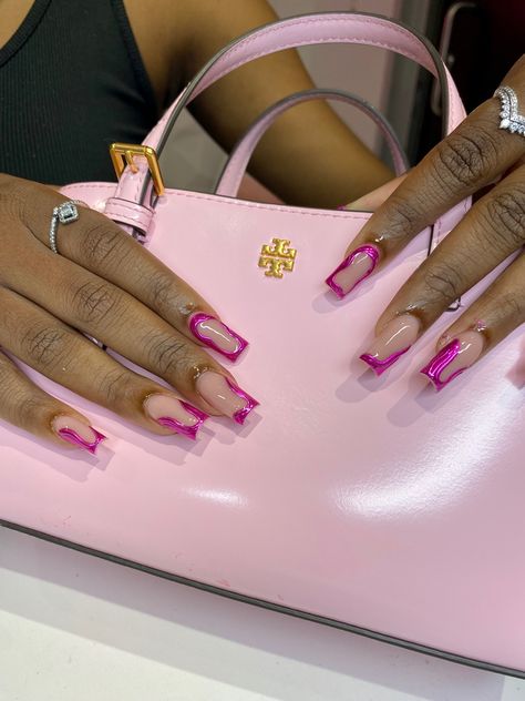 Pink 3d Chrome Nails, 3d Chrome Nails Short, Chrome Short Square Nails, 3d Nail Designs Square, Short Chrome Nails Designs, Pink Chrome Nails Square, Pink Nail Designs Square, Short 3d Nails, Pink Chrome Nails Designs