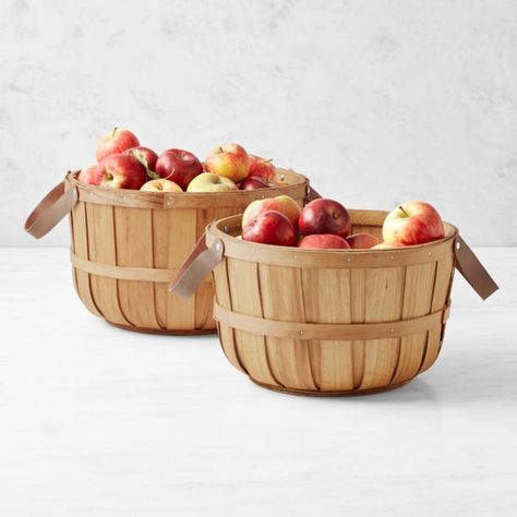 Whether you're gathering apples or household items, these nesting storage baskets will come in handy. Designed after those used to collect farm-fresh produce, they're woven from sturdy fir wood and fitted with copper-riveted leather handles for easy transport. The set of two includes 1-peck and 1/2-bushel sizes. Use them for collecting produce from your garden or the farmers' market, storing knitting supplies, kids' toys, pantry goods and more. Handcrafted from woven fir. Water-based clear varni Kawaii Picture, Snow White Apple, Apple Basket, Apple Baskets, Food Basket, Fall Cocktails, Grilling Season, Bbq Tools, Cooking Accessories