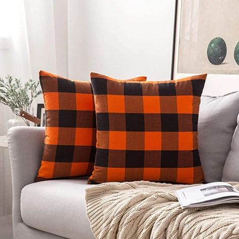 MIULEE Pack of 2 Buffalo Check Retro Checker Plaids Accent Throw Pillow Covers Cotton Linen Cushion Case for Sofa Couch Orange and Black 20 x 20 Inch 50 x 50 cm #afflink Buffalo Plaid Pillows, Halloween Living Room, Buffalo Check Pillows, Plaid Pillow Covers, Plaid Throw Pillows, Fall Throw Pillows, Plaid Pillow, Halloween Pillows, Accent Throw Pillows