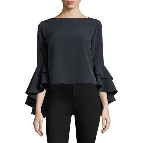 MILLY Italian Cady Annie Bell Sleeves Top ($320) ❤ liked on Polyvore featuring tops, frill sleeve top, bateau neckline tops, bell sleeve tops, frilly tops and frill top Rectangle Body Shape Outfits, Tie Cuff Blouse, Bell Sleeves Top, Frilly Top, Frill Tops, Flared Sleeves Top, Bateau Neckline, Sleeves Top, Ruffled Sleeve Top