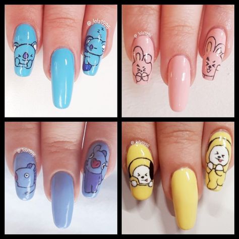 Bts nail art BT21 Bts Nail Art Designs, Bt21 Nail Art, Bts Nails Designs, Bt21 Nails, Nail Bts, Bts Nail Art, Bts Nails, Army Nails, K Pop Nails