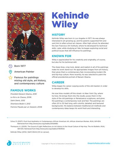 Kehinde Wiley Artist Research Page, Kehinde Wiley Art Lesson For Kids, Kehinde Wiley Art Lesson, Kehinde Wiley Art, Arts Education Quotes, Art Classroom Management, Art Handouts, Art History Lessons, High School Art Lessons