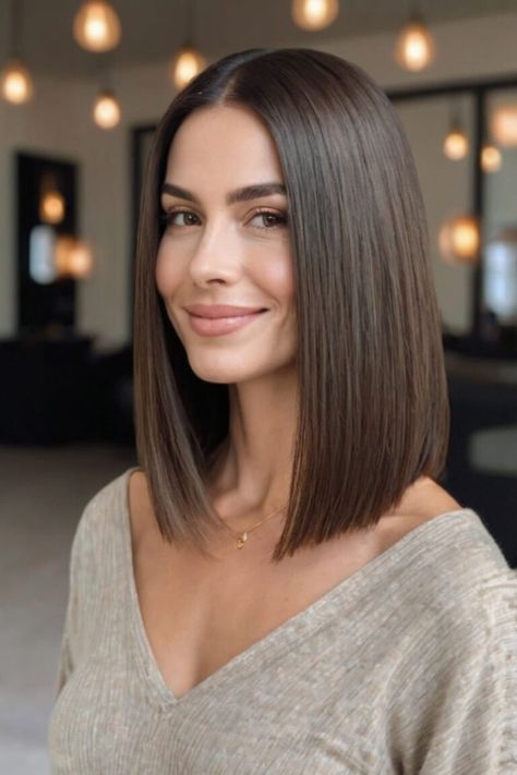 Sleek Straight Bob Mid Back Haircut Straight, One Length Long Bob, Long Sleek Bob, Medium Hair Straight Cut, Styling A Long Bob, Short Brunette Hair Bob, Haircuts For Medium Length Hair Straight, Long A Line Bob, Long Bob Straight