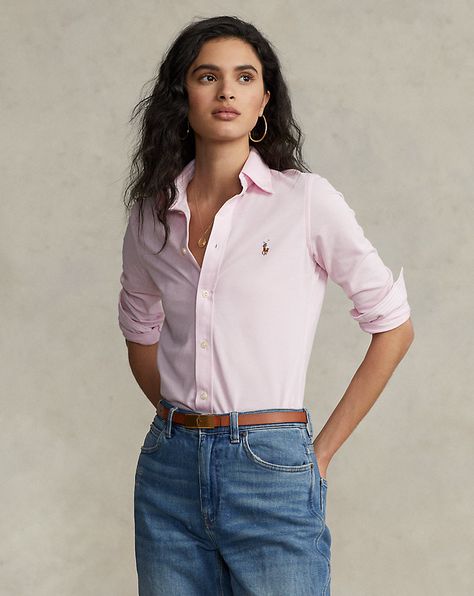 Knit Cotton Oxford Shirt | Ralph Lauren UK Womens Oxford Shirt, Polo Shirt Outfit Women's, Ralph Lauren Oxford Shirt, Polo Shirt Outfits, Oxford Shirts, Ralph Lauren Women, Ralph Lauren Purple Label, Knitting Women, Oxford Shirt