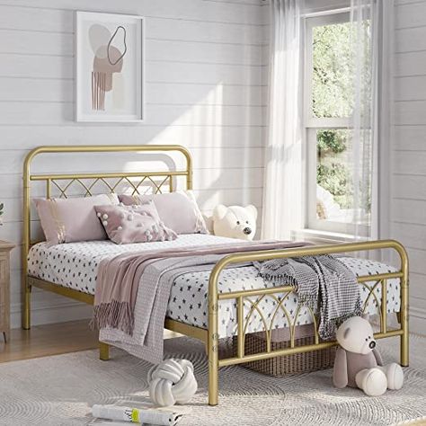 Twin Bed Frames Aesthetic, Bedroom With Gold Bed Frame, Gold Metal Twin Bed, Gold Iron Bed Frame, Gold Twin Bed, Gold Metal Bed Frame, Short Headboard, Boho Bed Frame, Metal Twin Bed Frame