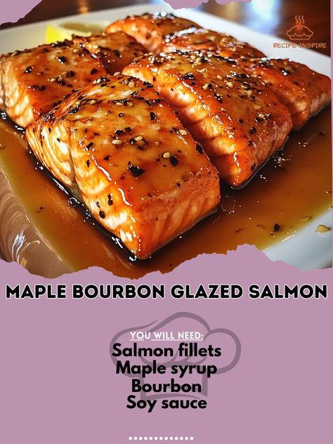 🥃🐟 Elevate your dinner with Maple Bourbon Glazed Salmon! A flavorful dish that’s both healthy and delicious! #SalmonRecipe Maple Bourbon Glazed Salmon Ingredients: Salmon fillets (4, skinless) Maple syrup (1/2 cup) Bourbon (1/4 cup) Soy sauce (2 tbsp) Garlic (2 cloves, minced) Olive oil (1 tbsp) Black pepper (1/2 tsp) Instructions: In a bowl, whisk together maple syrup, bourbon, soy sauce, garlic, and black pepper. Marinate salmon fillets in the mixture for at least 30 minutes. Preheat ov... Bourbon Marinated Salmon, Bourbon Salmon Glaze, Maple Glaze For Salmon, Maple Bourbon Salmon, Marinate Salmon, Maple Syrup Salmon, Bourbon Salmon, Maple Bourbon Glaze, Bourbon Glazed Salmon