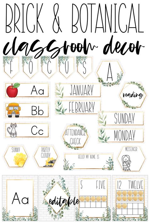 The Brick & Botanical Gold classroom decor theme has natural textures like white brick backgrounds, gold accents and watercolor greenery & eucalyptus. It's perfect for a modern farmhouse look! This classroom theme is bright, clear & simple and will look amazing in any grade level classroom! Gold Classroom Decor, Watercolor Classroom Decor, Counseling Decor, Plants Classroom, Watercolor Classroom, Classroom Goals, Teacher Preparation, Secondary Classroom, Classroom Organisation