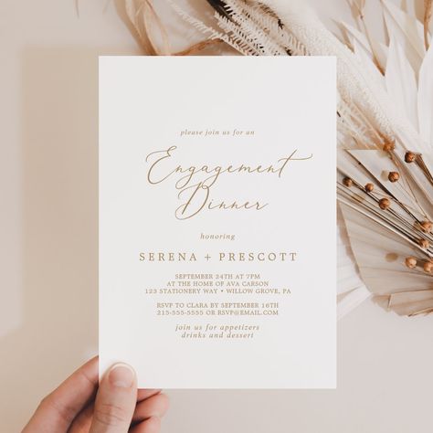 Engagement Party Classy, White And Gold Engagement Party, Engagement Dinner Party, Summer Calligraphy, Yellow Typography, Engagement Event, Gold Engagement Party, Romantic Minimalist, Retro Wedding Invitations